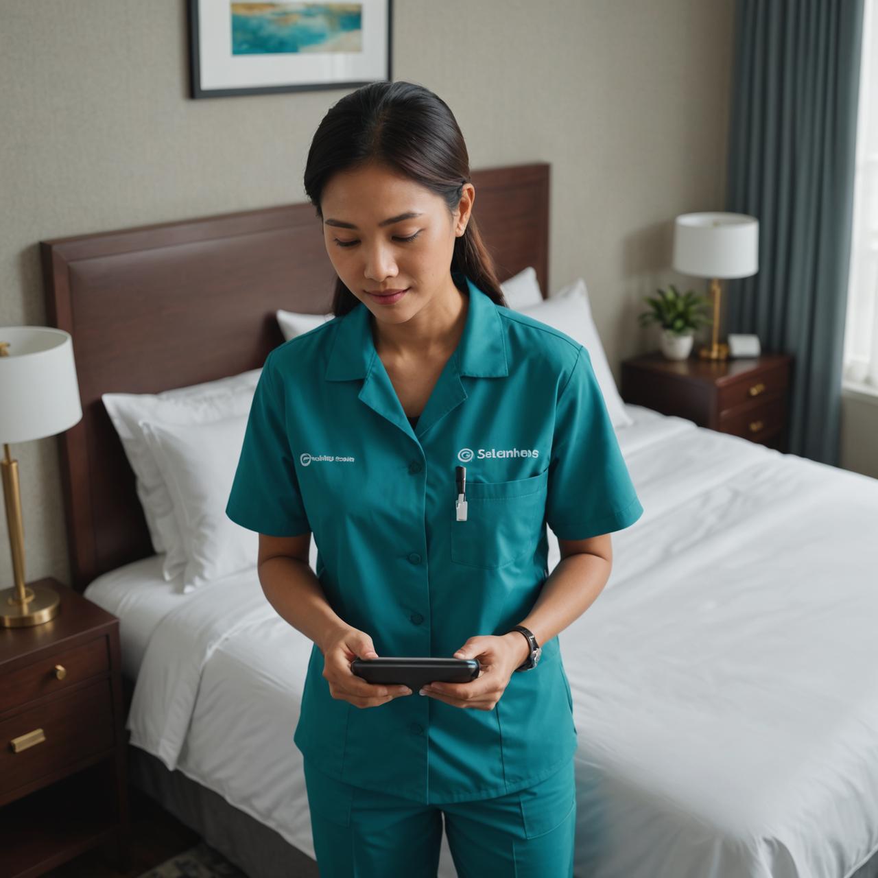 Crew running a changeover checklist on a smartphone in a hotel-style condo