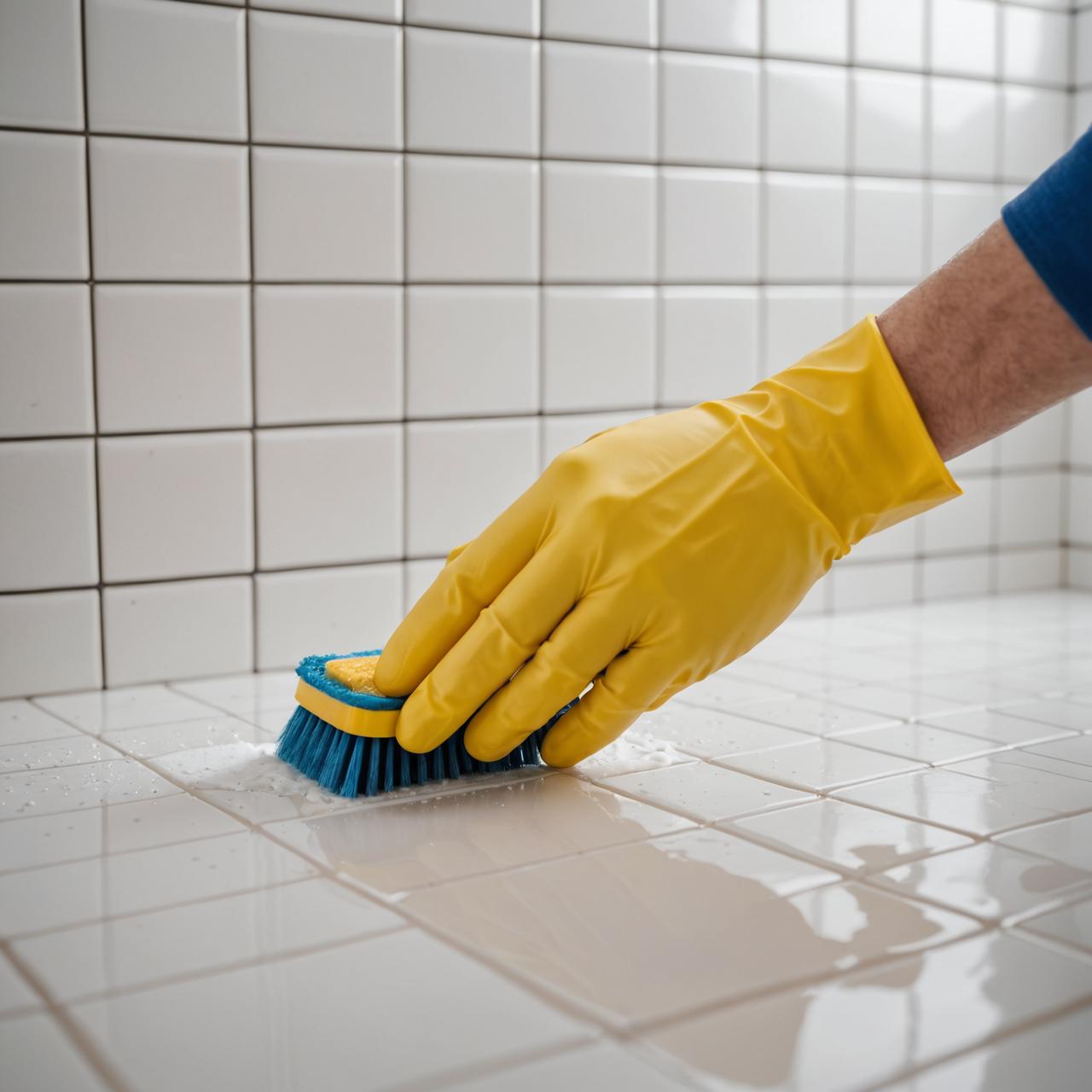 Cleaner reviving grout joints on a tiled bathroom wall