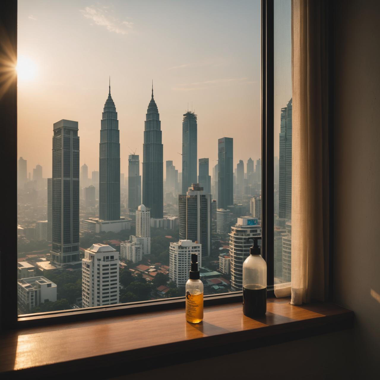 Wiping a window sill clean of haze season dust