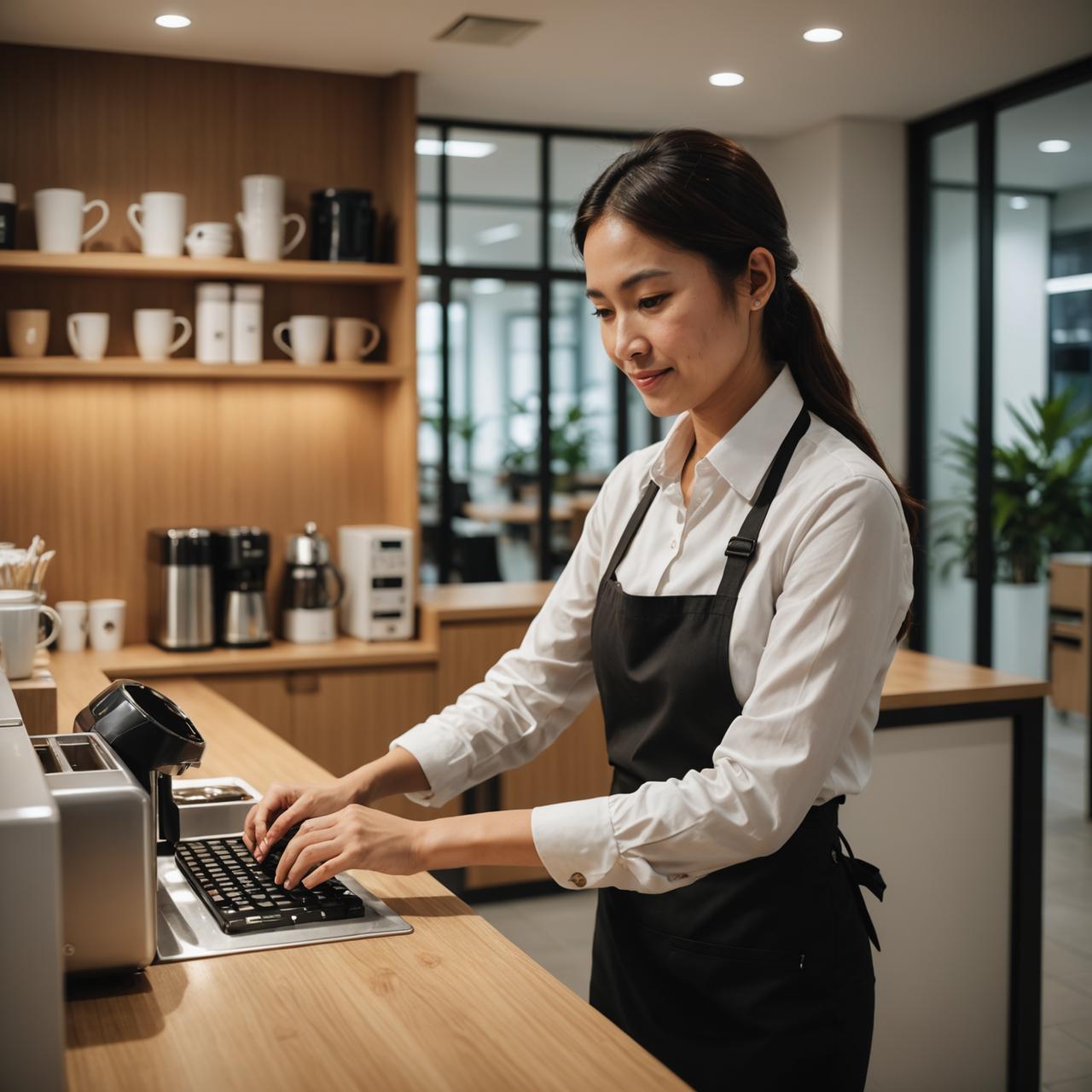 Cleaner wiping down an office pantry counter at the end of the day
