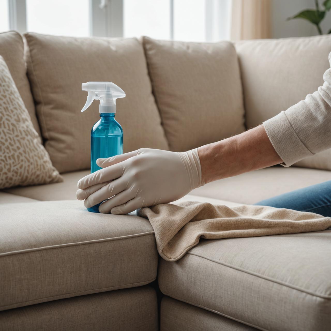 Treating a pet stain on a fabric sofa with a microfibre cloth