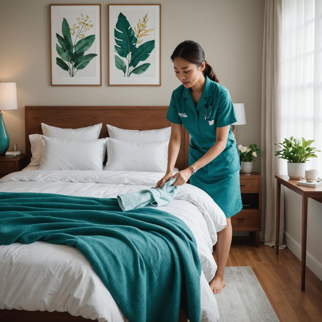 Cleaner refreshing the bedding inside a tidy condo bedroom