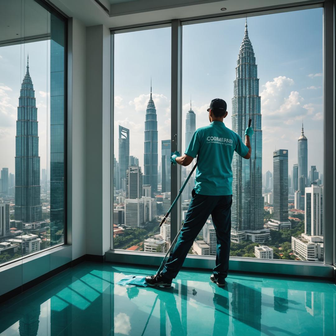 Cleaner squeegeeing a condo window with KL skyline behind