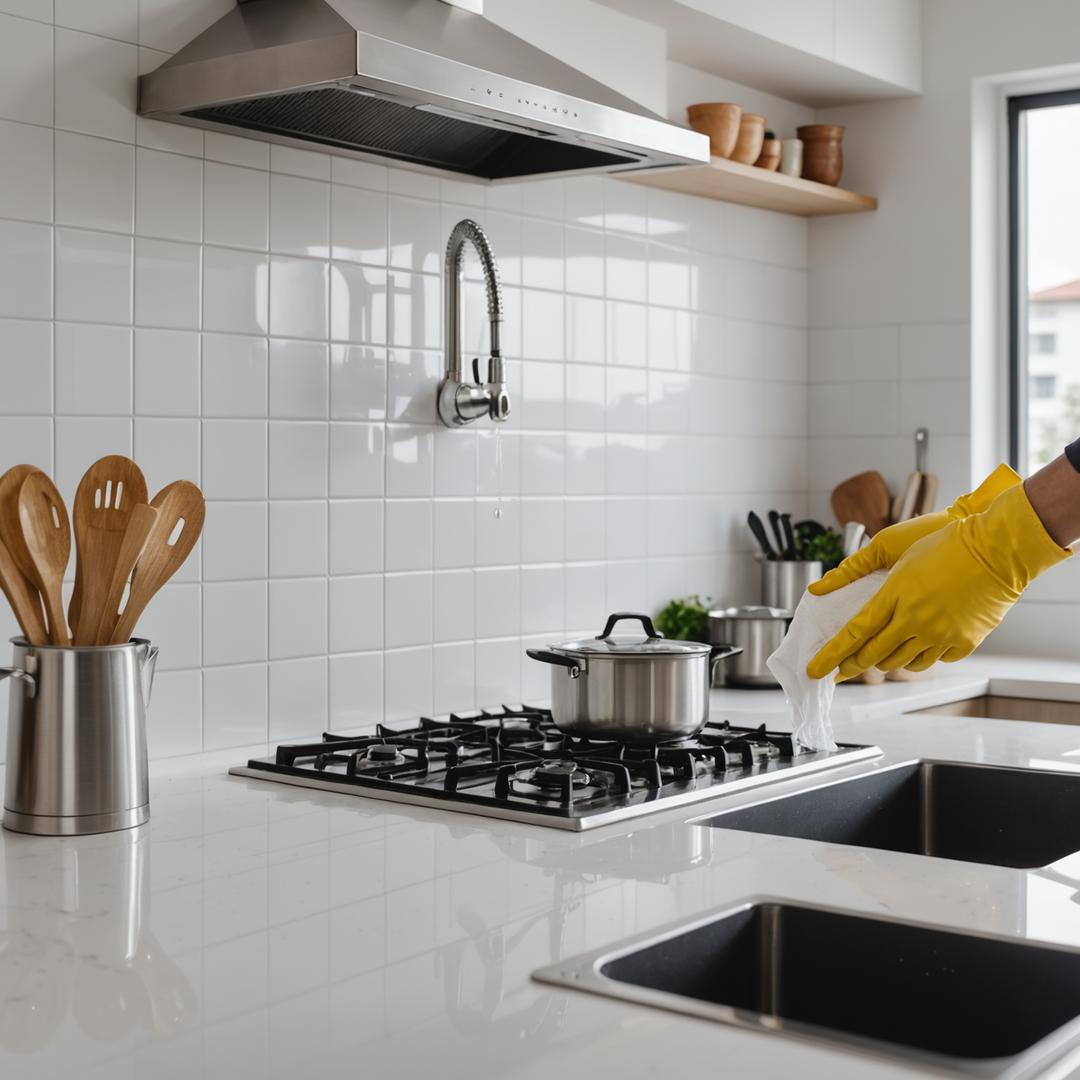 Cleaner detailing a tiled kitchen splashback during a deep clean