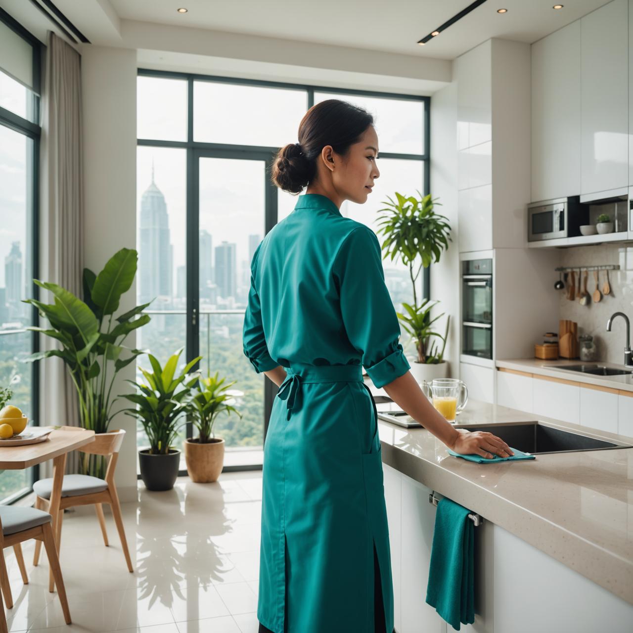 Cleaner wiping kitchen counter inside a Kuala Lumpur condo