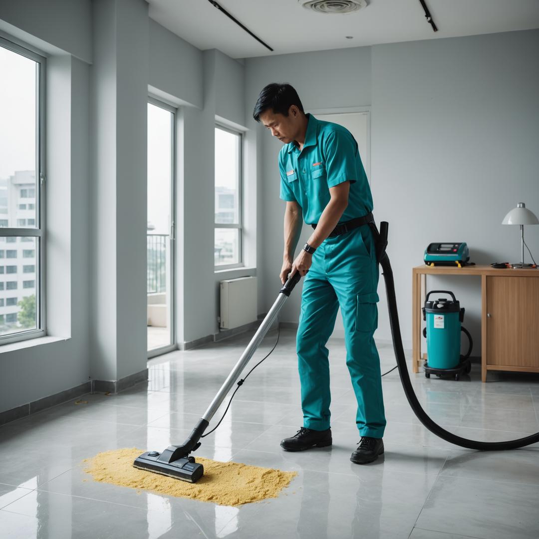 Cleaner removing renovation dust from a freshly tiled floor