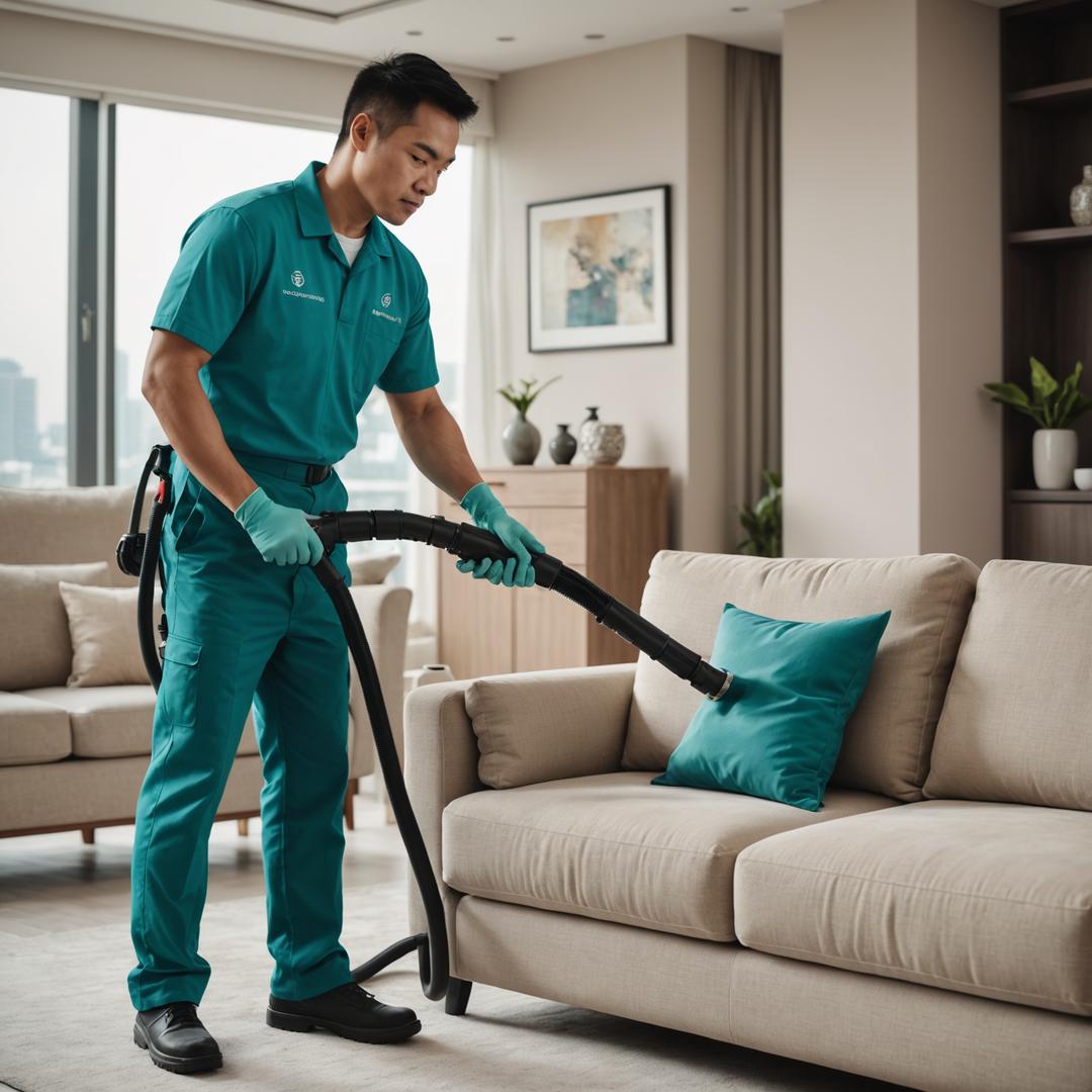 Specialist extracting dirt from a fabric sofa with a steam machine